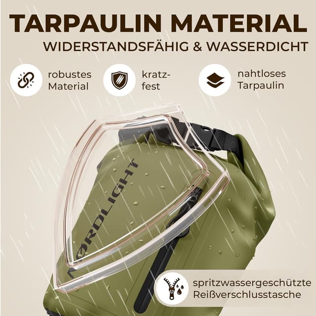 Detalle de Nordlight Dry Bag wasserdichte Tasche mit Handyhülle, Roll-Top und Schultergurt (10 Liter) – Olivgrün