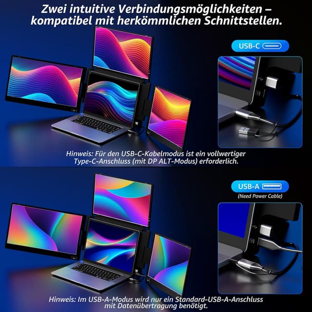 Detalle de ROADOM 15,6 Zoll tragbarer Triple-Monitor (Faltbar, Metallgehäuse, 360° drehbar) mit Type-C & USB – 1080P FHD IPS