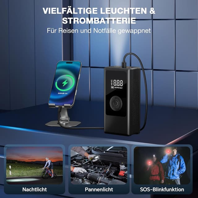 Thumbnail 6 de Elektrische Luftpumpe 150 PSI – tragbarer Akku Mini-Kompressor mit digitaler Anzeige, LED-Licht & USB-Laden