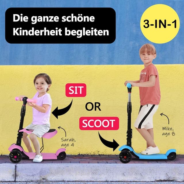 Detalle 2 de YOLEO Kinderroller 3-in-1 mit Sitz, Höhe 65–77 cm