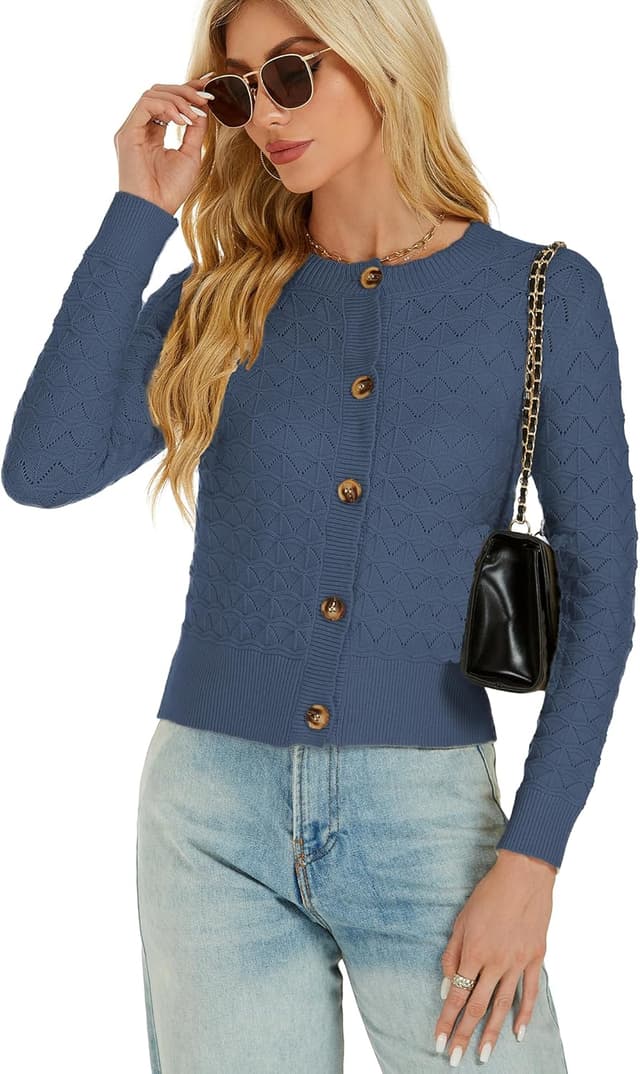 Detalle 2 de Enjyam Damen Strickjacke Elegant kurz mit Knöpfen, Rundhals & Lochmuster (Cardigan/Bolero)