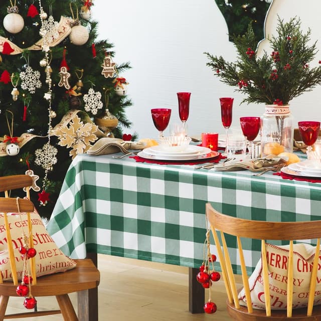 Detalle 2 de Hiasan Checkered Tablecloth Square 70 x 70 Inch (Waterproof, Wrinkle-Resistant) in Forest Green & White Gingham