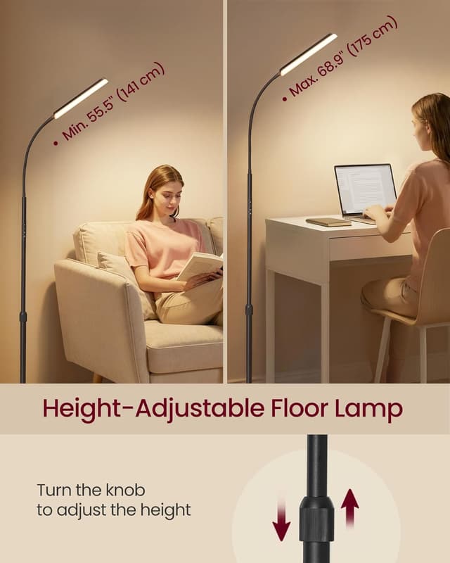 Detalle de VasAGLE LED Floor Lamp LFL007BD03 with adjustable height, 360° head, timer & remote