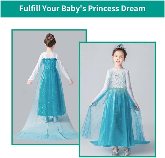 Detalle 2 de URAQT Costume di Principessa “Verde Chiaro” con corona, bacchetta, guanti e treccia finta (100–150)