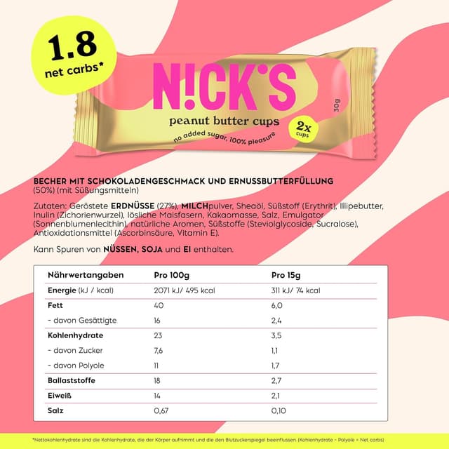 Detalle 2 de NICKS Peanut Butter Cups Low Carb 12x30g 🍫
