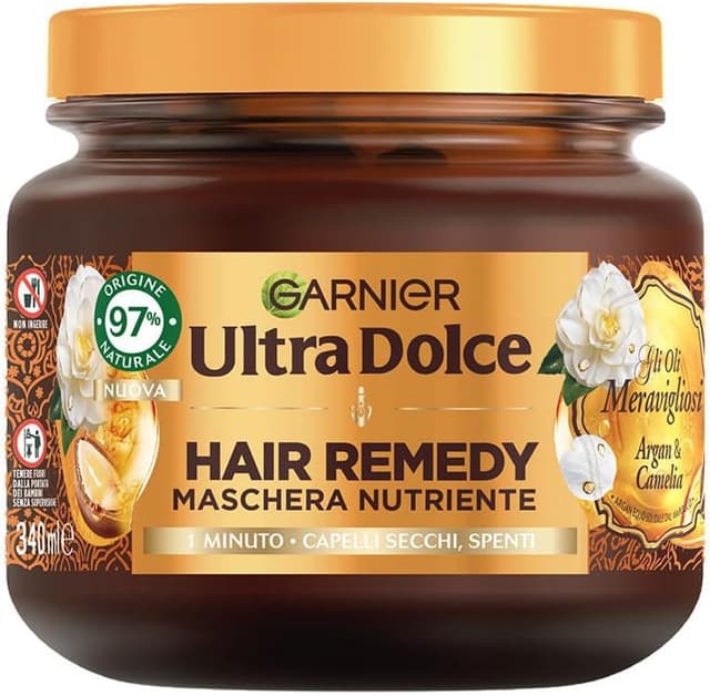 Detalle de Garnier Ultra Dolce Hair Remedy Masque nourrissant à l’huile d’argan bio et de camélia – 340 ml