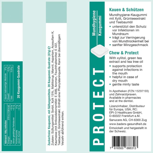 Detalle de BADERs PROTECT Kaugummi aus der Apotheke – 4 Sorten Zahnpflege-Kaugummi (vegan)