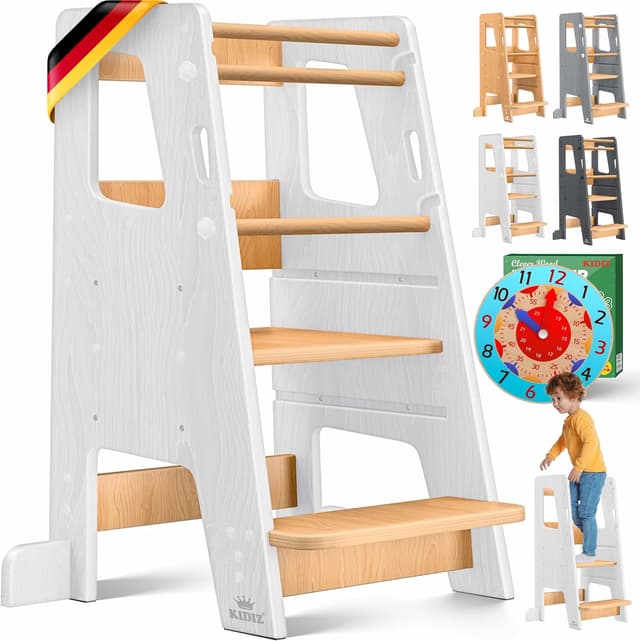 Detalle de KIDIZ® Lernturm für Kinder ab 1 Jahr inkl. Lernuhr – höhenverstellbarer Tritthocker aus Kiefernholz bis 50 kg