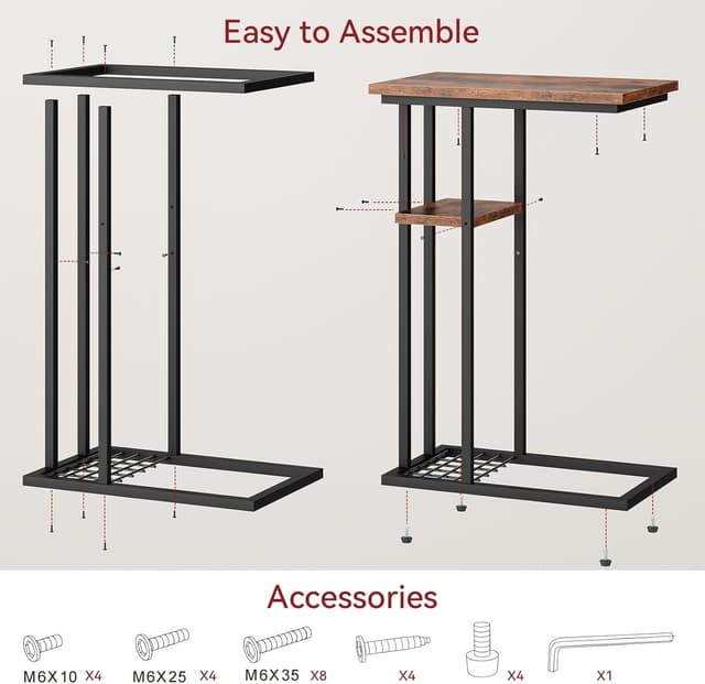 Thumbnail 6 de YMYNY Tavolino laterale a forma di C HST004H per divano e letto, 40 x 26 x 61,5 cm in metallo, marrone rustico