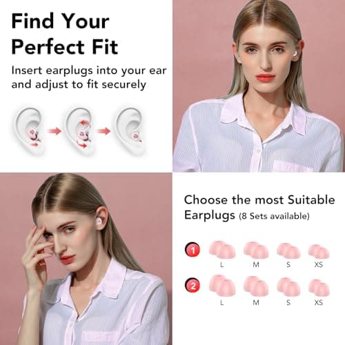 Detalle 2 de CASCHO Tapones de oídos para dormir con cancelación de ruido de 45 dB y 8 puntas reutilizables (rosa) + estuche
