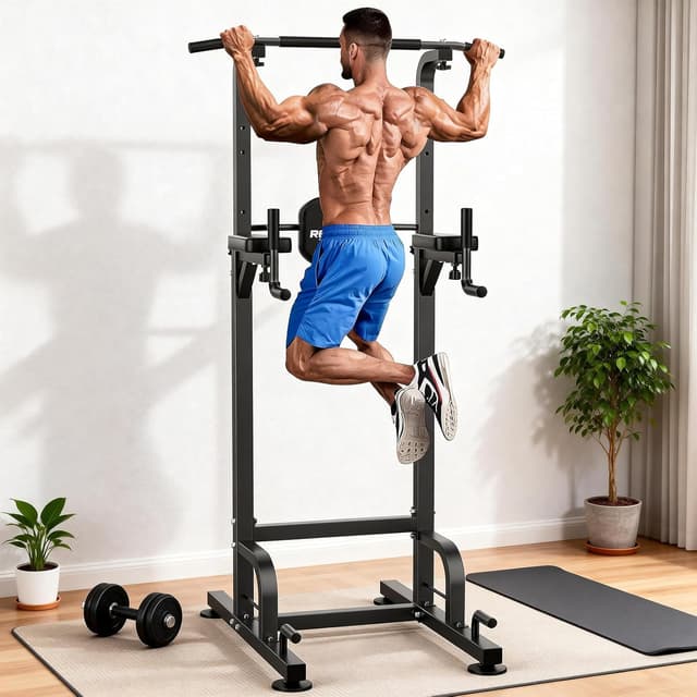 Detalle de RELIFE REBUILD YOUR LIFE Power Tower Klimmzüge & Dips – höhenverstellbare Multifunktions-Kraftstation (Grau) bis 180 kg