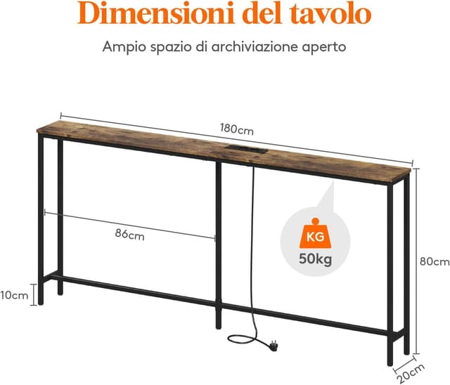 Detalle de Lifewit Consolle Stretta 180 cm con 2 prese e 2 porte USB, tavolo da divano 180x20x80 cm marrone rustico
