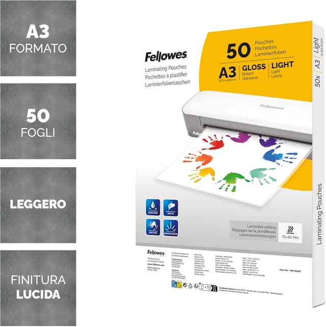 Detalle de Fellowes Pouches per plastificazione A3 lucide (confezione da 50 fogli) – per poster, avvisi e documenti