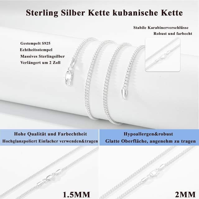 Detalle de Esrael 925 Sterling Silber Kordel-/Curb-Halskette für Frauen (feste Glieder, 1,5 mm/2 mm, 18/20/22 Zoll)