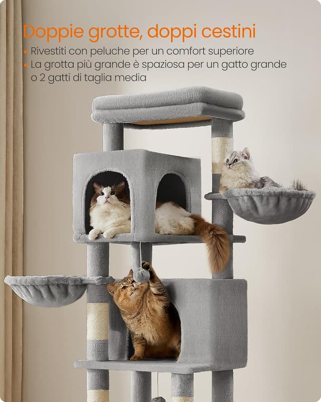 Detalle de Feandrea Albero per gatti grande PCT182G01, torre tiragraffi alta 175 cm multilivello grigio tortora