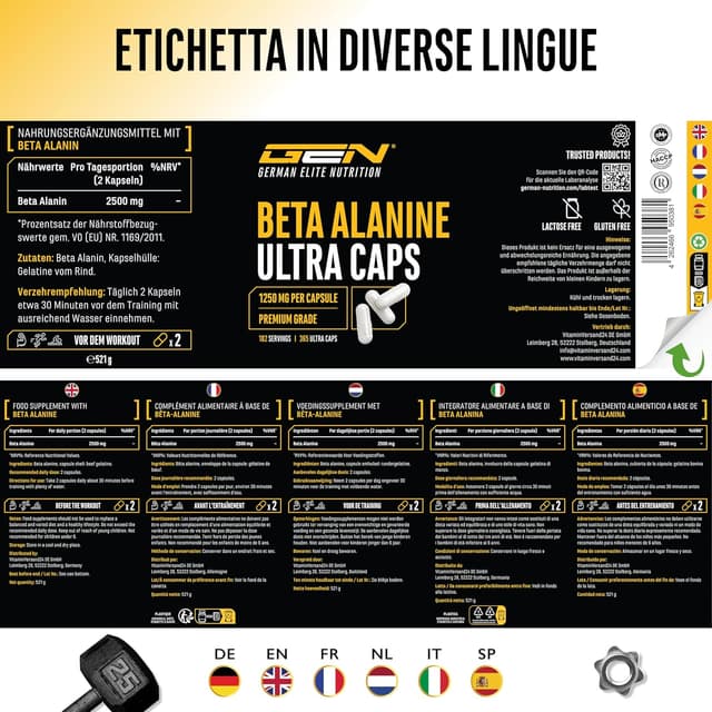 Detalle de Beta Alanina Ultra Caps di German Elite Nutrition: 365 capsule da 1.250 mg ciascuna