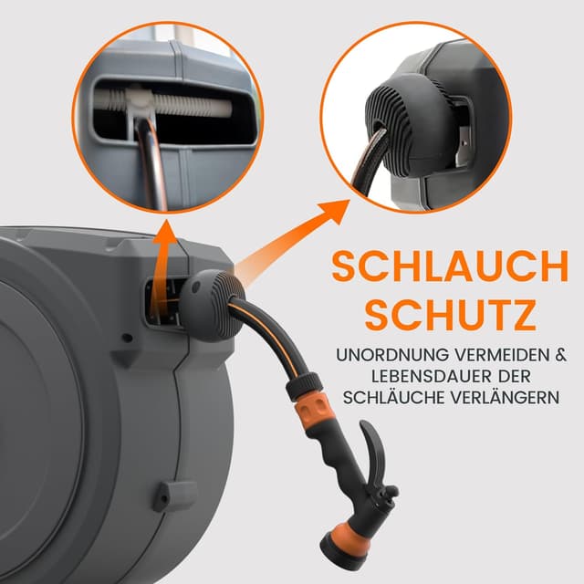 Detalle de Giraffe Tools wandmontierte Schlauchbox 35 m inkl. 2 m Anschlussschlauch – automatischer Gartenschlauch-Aufroller mit 180° Schwenkarm und 7 Musterdüsen