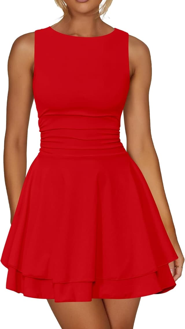 Detalle 2 de Kaximil Women’s Ruffle Hem Boat Neck Mini Dress — Ruched Corset-Style A-Line Party Dress