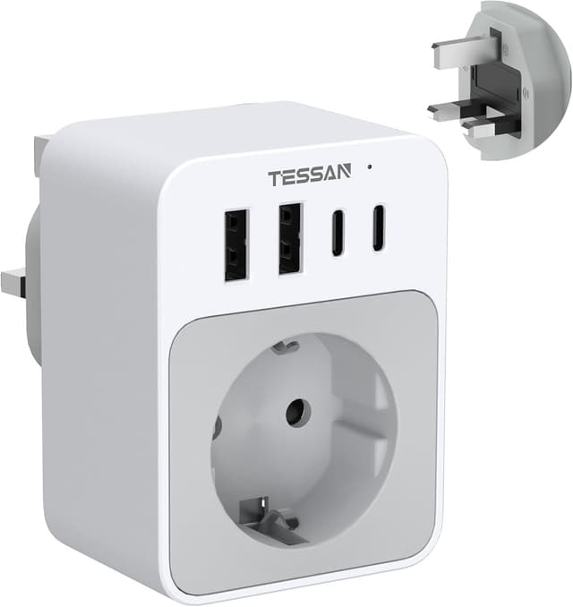 Detalle de TESSAN Adaptateur prise anglaise 5 en 1 type G avec 2 USB-C et 2 USB-A (3250W) pour Royaume-Uni, Irlande, Dubaï