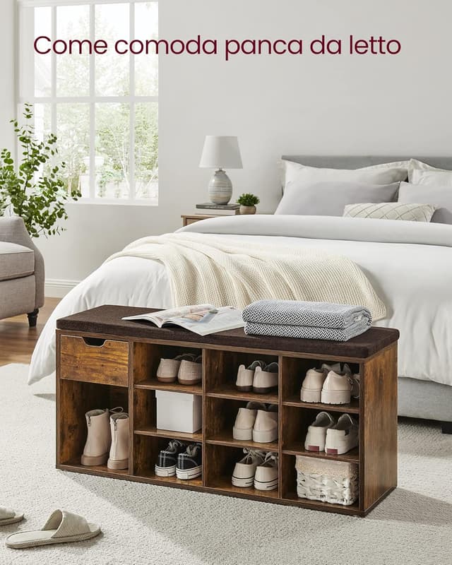 Detalle 2 de VASAGLE Panca Scarpiera con contenitore e cassetto LHS024T01, seduta imbottita marrone vintage