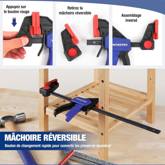 Detalle de WORKPRO lot de 2 serre-joints à une main acier et nylon — ouverture jusqu’à 305 mm