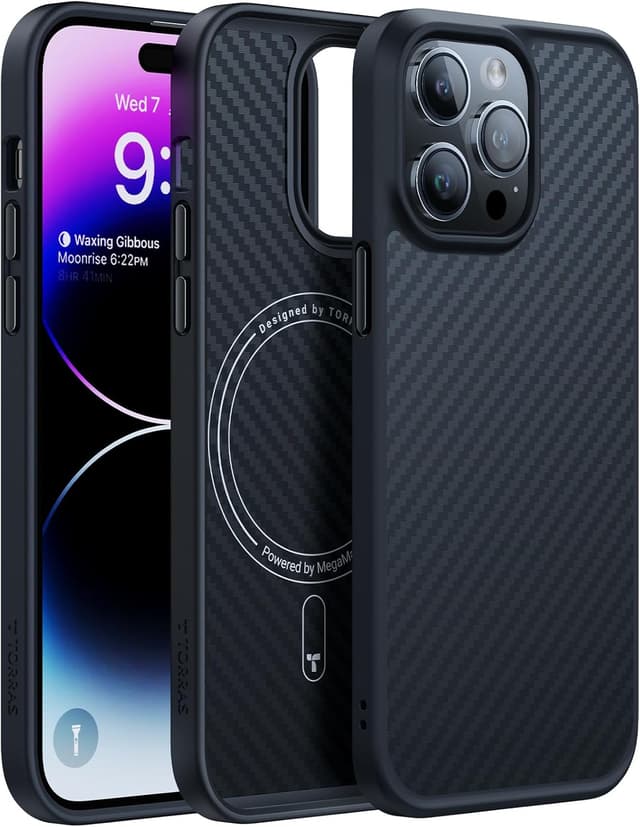 Detalle de Torras Upgraded Stronger Magnetic iPhone 14 Pro Case with MagSafe (Aramid Fiber Back, Black Edge)
