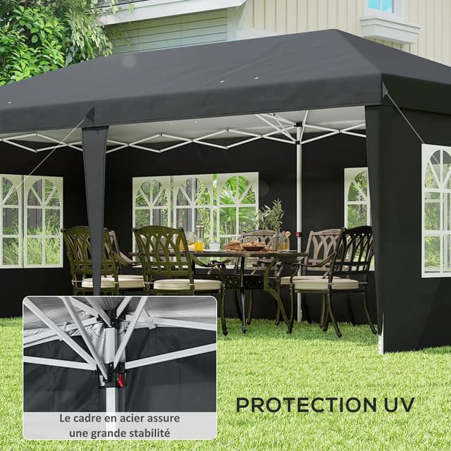 Detalle de Outsunny tonnelle de jardin pop-up pliante 3 x 6 m avec 3 côtés démontables et fenêtres transparentes