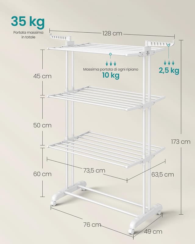Detalle 2 de SONGMICS LLR701W03 stendibiancheria pieghevole a 4 livelli con ruote e ali richiudibili