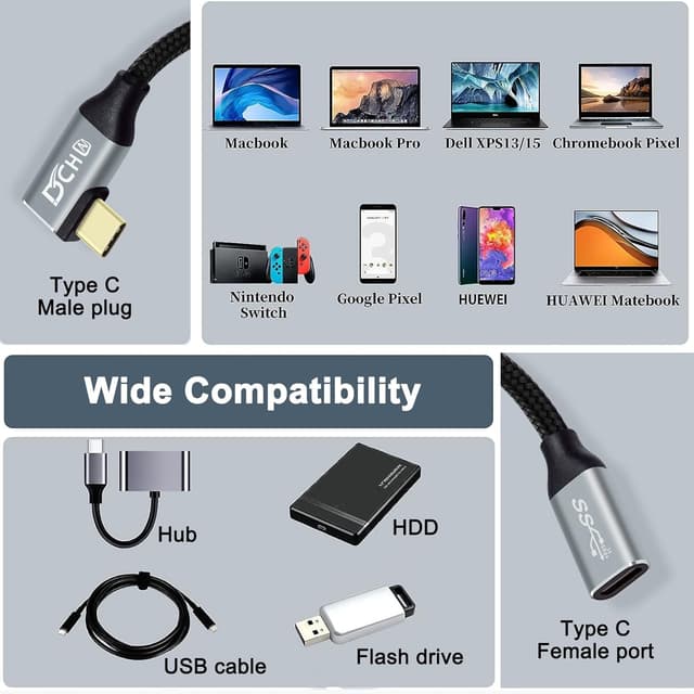 Thumbnail 6 de DCHAV 1 m USB-C-auf-USB-C Kabel (100 W, 10 Gbit/s, 4K@60 Hz) mit 90-Grad-Stecker