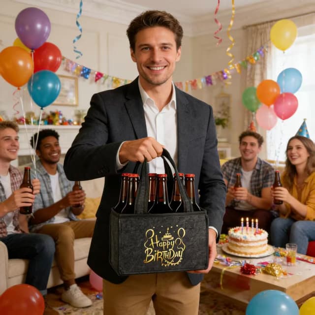 Detalle 2 de Ani cy Männerhandtasche Bier als witziges Geburtstagsgeschenk mit „HAPPY BIRTHDAY“ (Filz-Flaschentasche)