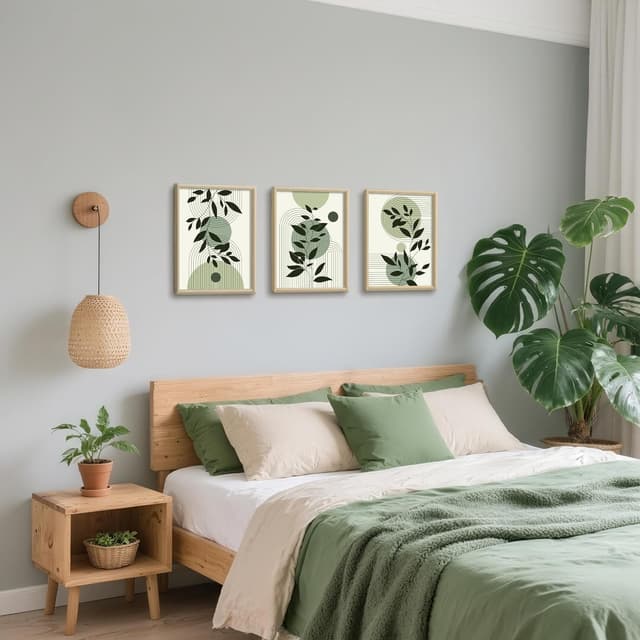 Thumbnail 4 de FajerminArt Boho Grün Blatt Leinwandbilder 3er Set