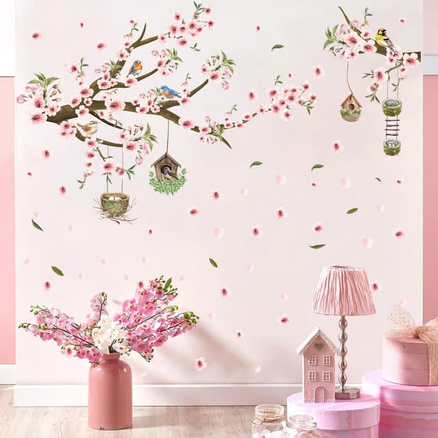 Detalle 1 de HPNIUB Pink Flower Tree Branch Birds Wall Stickers (84 x 30cm) for Bedroom, Living Room & Office