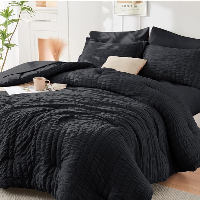 Detalle de HYMOKEGE Black Twin Comforter Set Seersucker 5-Piece Bed in a Bag