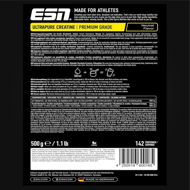 Detalle de ESN Créatine monohydrate ultra pure 500 g (142 portions) – poudre microfine neutre, végétalienne