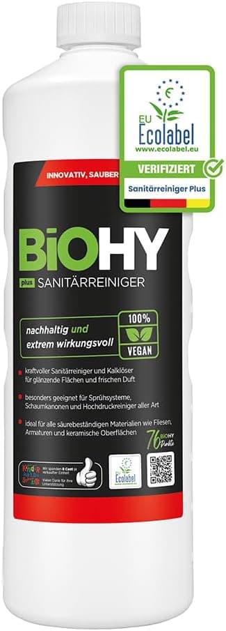 Detalle de BiOHY Sanitärreiniger Plus – Kalkentferner Konzentrat für Fliesen, Dusche & WC (1 l) mit EU Ecolabel