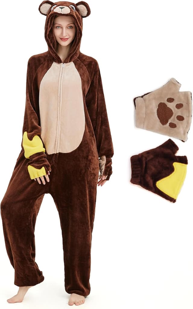 Detalle 2 de Costume onesie adulte Ezuwail en forme d’ours, avec capuche et fermeture éclair dissimulée