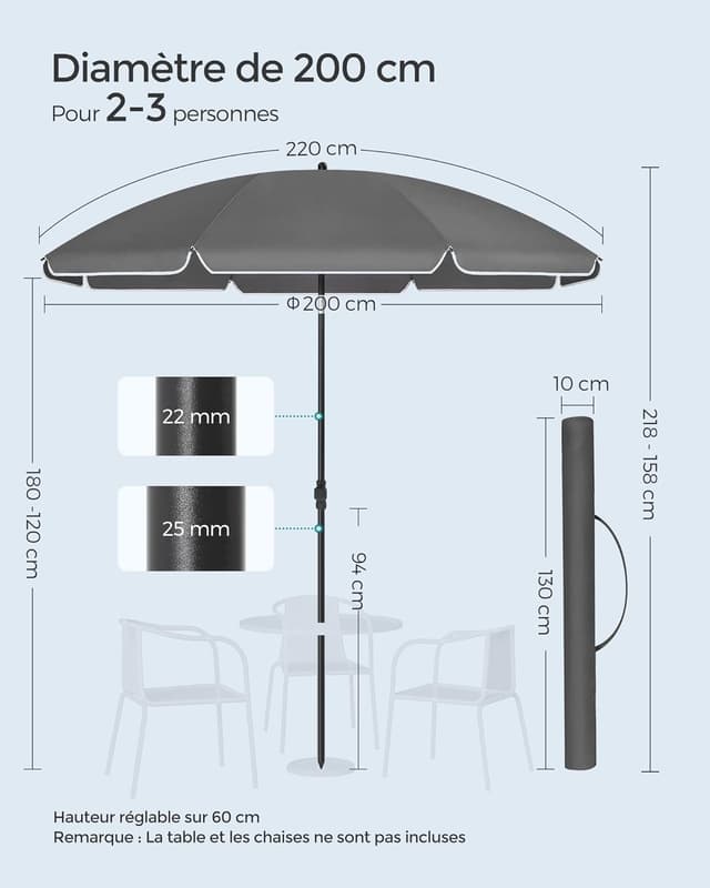 Thumbnail 6 de SONGMICS Parasol de 200 cm UPF 50+, inclinable 30° et hauteur réglable (sans base) GPU065G01