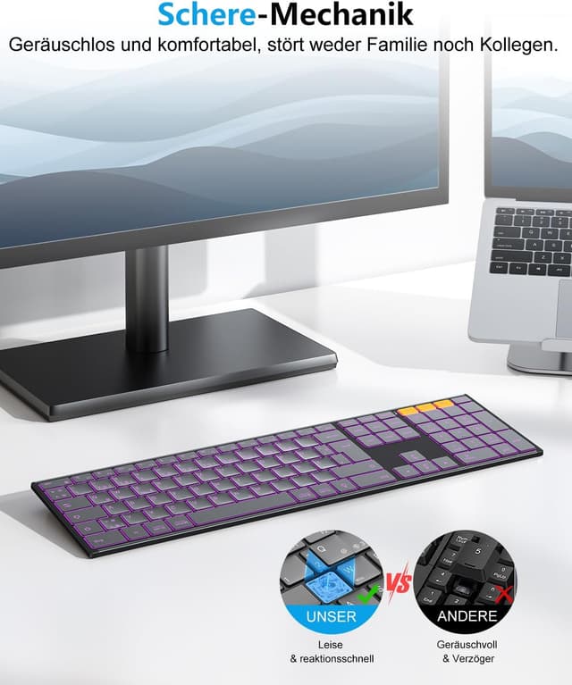 Detalle de OMOTON kabellose Bluetooth-Tastatur mit Metallgehäuse (2,4G + BT), beleuchtet, Multi-Device, deutsches QWERTZ