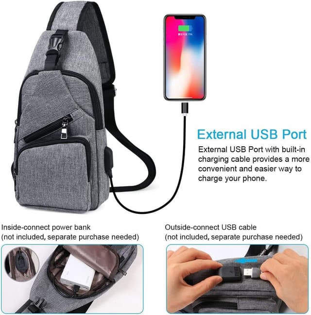 Detalle de flintronic Sling Bag with USB Charging Port – water-repellent crossbody/chest bag for hiking, cycling and travel