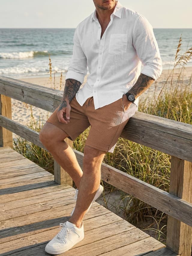 Detalle de JMIERR Herren Textur Kurze Hose mit 3 Taschen – lockere Casual-Shorts mit elastischem Bund