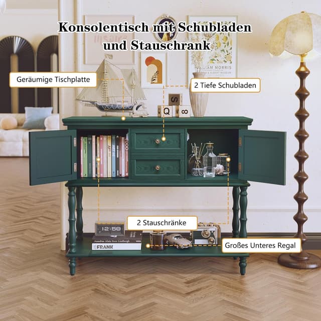 Detalle de MROJISC Tavolo consolle con cassetti e armadietto in legno verde, stile retro e neoclassico