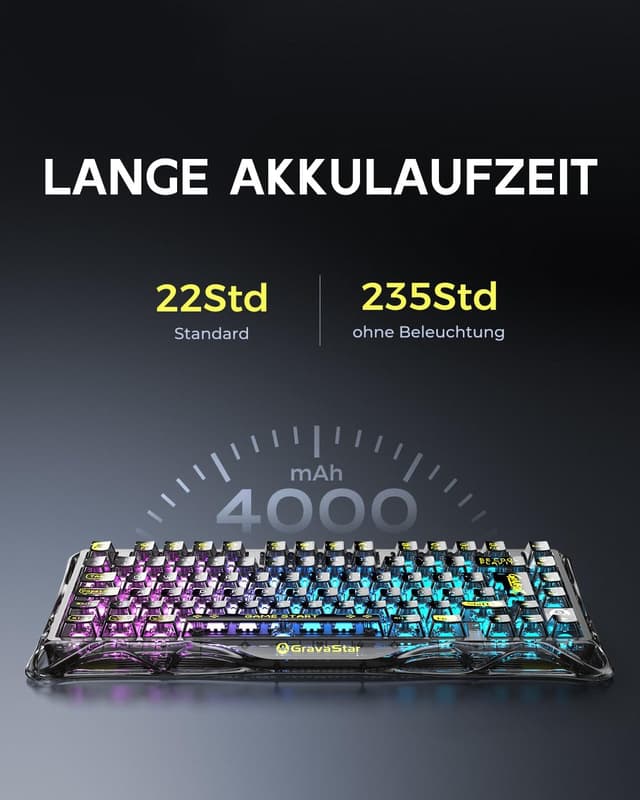 Detalle de GravaStar Mercury K1 Lite QWERTZ mechanische 75%-Tastatur (DE-Layout) – Tri-Mode kabellos & Hot-Swap – RGB, transparentes Schwarz