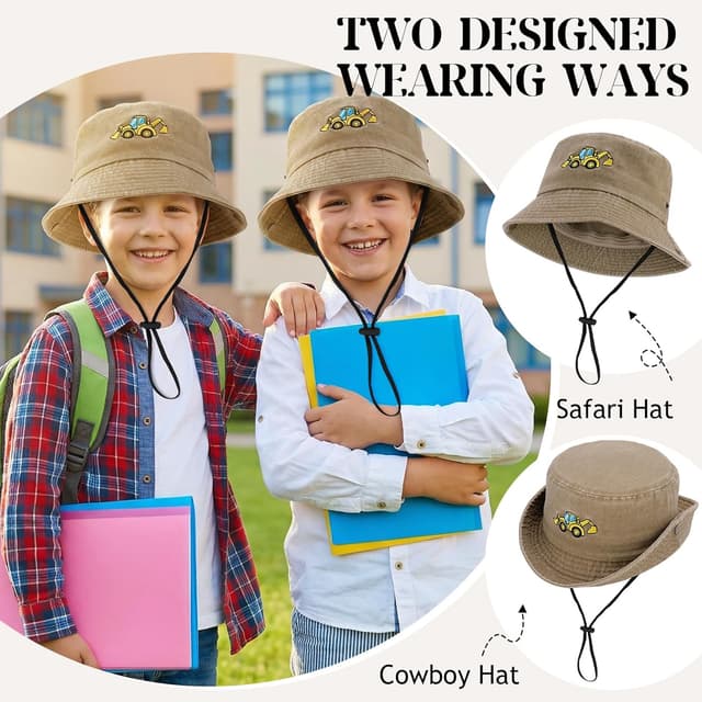 Detalle 2 de ViEinkaufen Kids Bucket Hat with Excavator Design (Beige) – Adjustable Drawstring & Chin Strap Sun Hat for Age 3–8