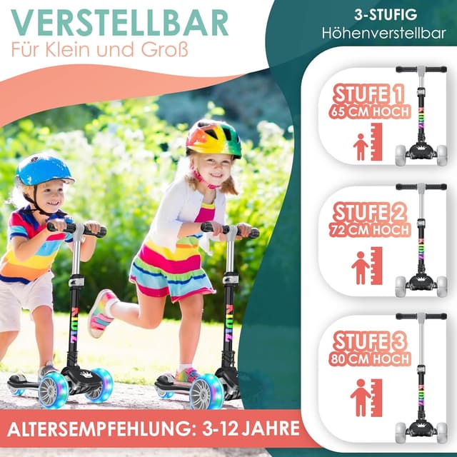 Detalle de KIDIZ Roller Kinder Scooter X-Pro2 – faltbarer 3-Rad-Tretroller mit LED-Lenkung für 3–12 Jahre