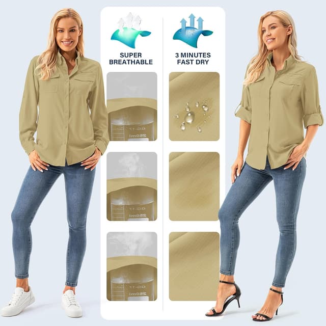 Detalle 2 de Womens UPF 50+ UV Sun Protection Safari Long Sleeve Shirt for Fishing, Hiking, Gardening