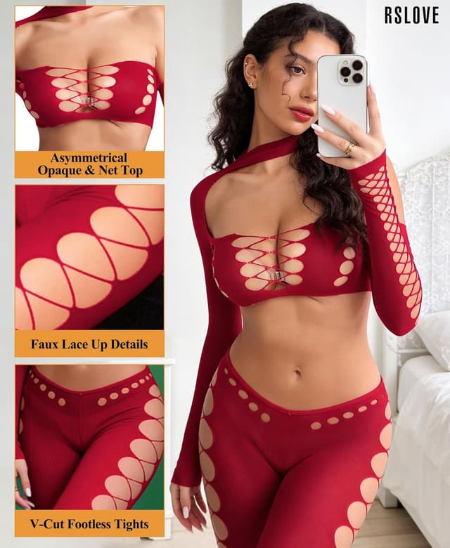 Detalle de RSLOVE Women’s Mesh Fishnet Bodysuit 2-Piece Nightwear Set