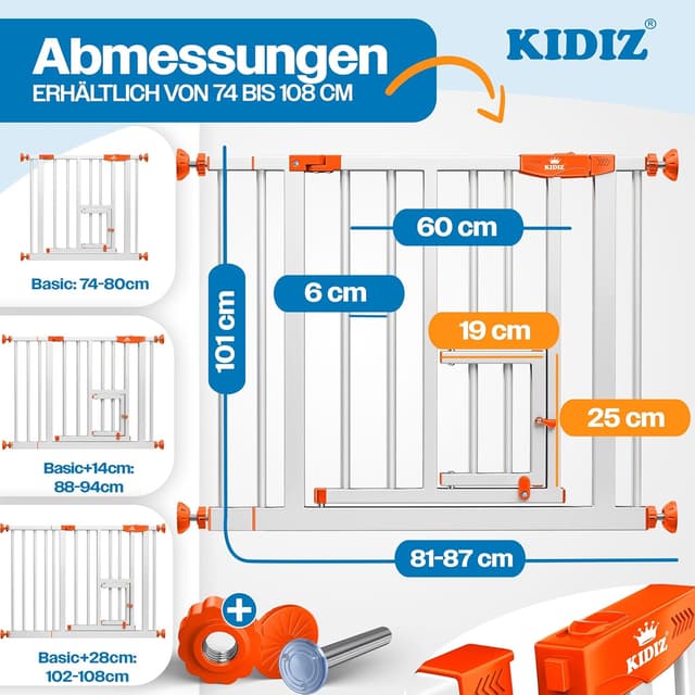 Detalle de KIDIZ Absperrgitter zum Klemmen mit Katzenklappe (Türschutzgitter), ohne Bohren – schwenkbar, Weiß/Orange, 81–87 cm