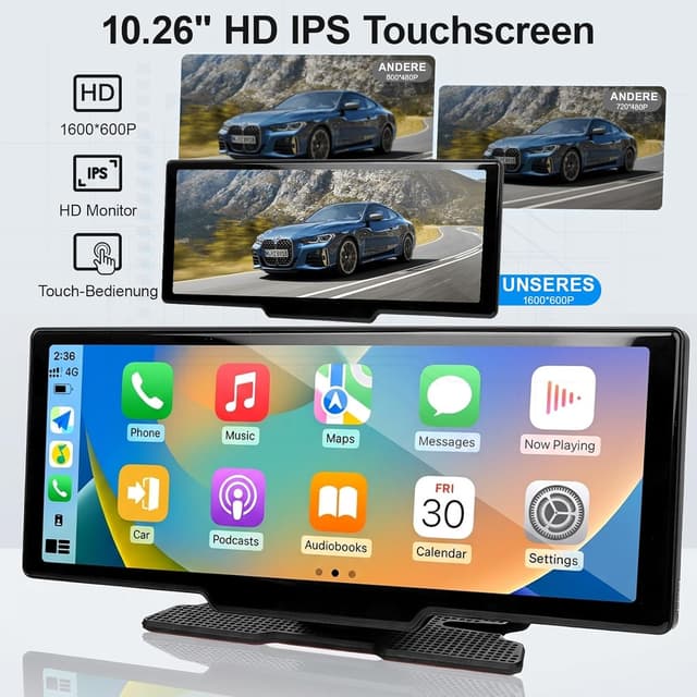 Detalle 2 de 10,26-Zoll Wireless CarPlay/Android Auto Display mit 4K Dashcam & Rückfahrkamera, Bluetooth, Split Screen und FM/AUX