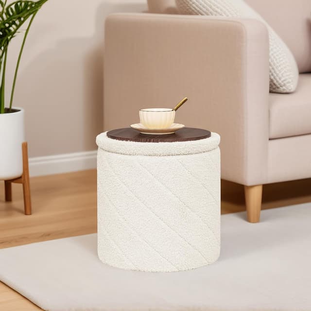 Detalle 2 de Bonlife Round Ottoman Stool with Storage (33x33x35cm) – Boucle Folding Footstool with Lid & Tray, White