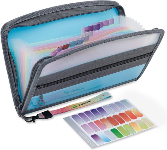 Detalle de NAFY Small Accordion File Organizer (A5) with Zipper – 13-Pocket Coupon & Receipt Holder in Blue